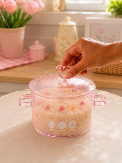 Pink heat resistant glass cooking pot 1.9L