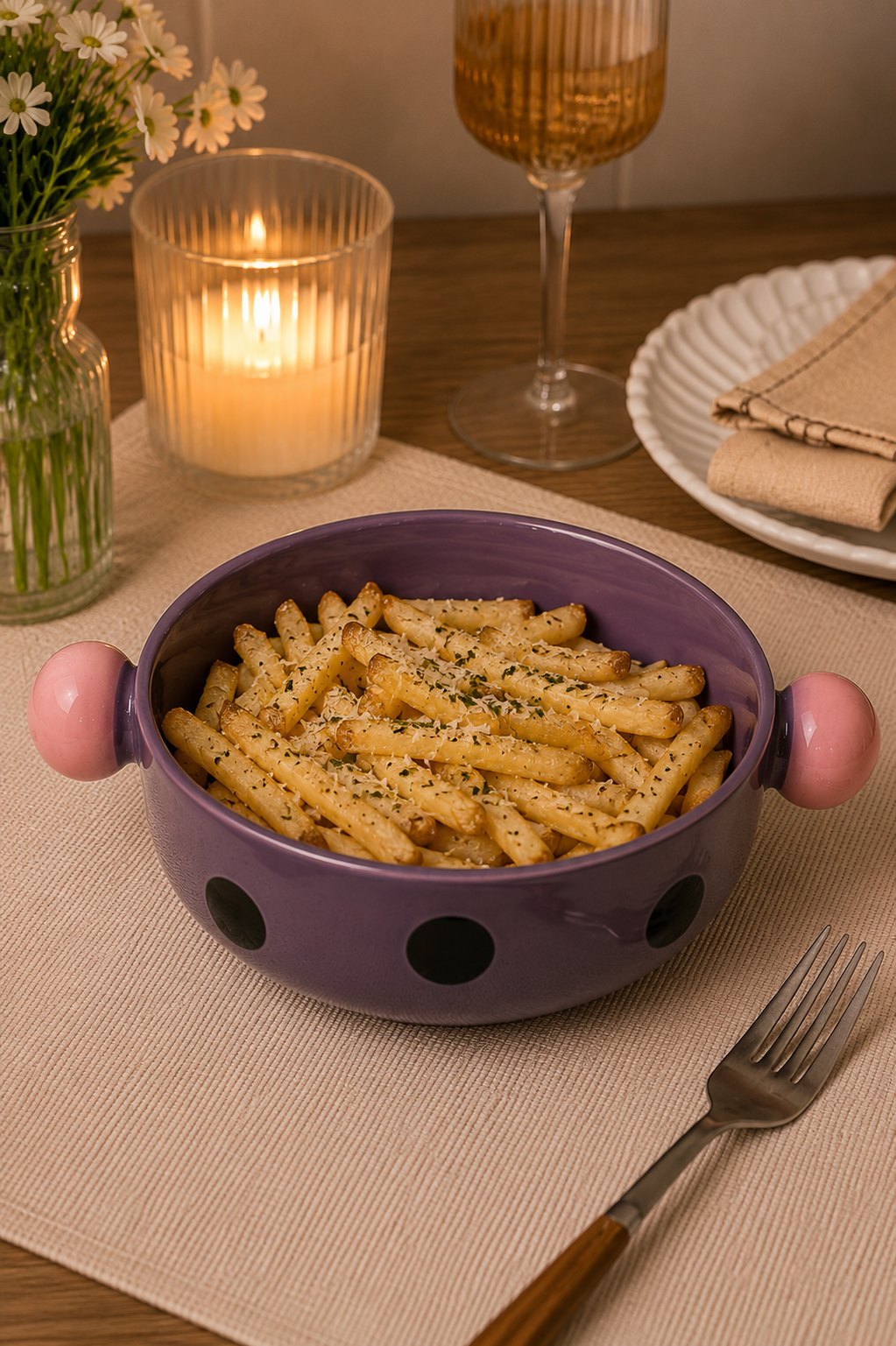 Purple polka dot ceramic bowl