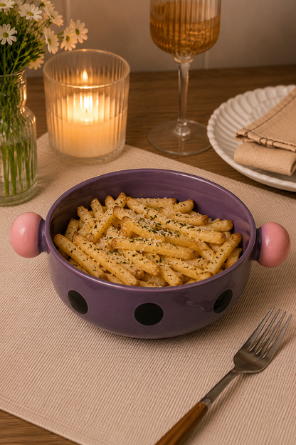 Purple polka dot ceramic bowl