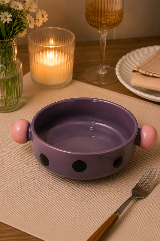 Purple polka dot ceramic bowl